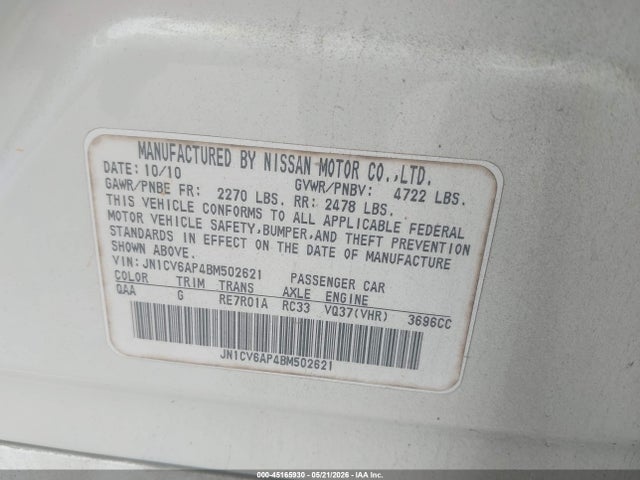45165930 :رقم المزاد ، JN1CV6AP4BM502621 vin ، 2011 Infiniti G37 Journey مزاد بيع