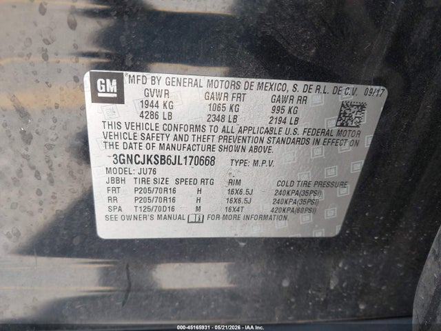 45165931 :رقم المزاد ، 3GNCJKSB6JL170668 vin ، 2018 Chevrolet Trax Ls مزاد بيع