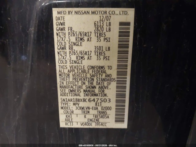 Продаж на аукціоні авто 2008 Nissan Pathfinder Le, vin: 5N1AR18BX8C647503, номер лоту: 45165938