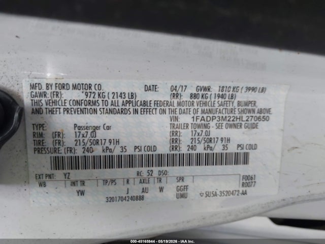 Aukcja sprzedaży 2017 Ford Focus Sel, vin: 1FADP3M22HL270650, numer aukcji: 45165944