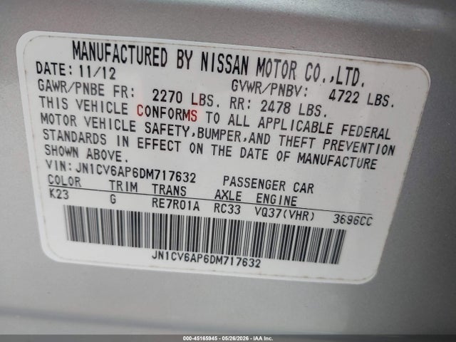2013 Infiniti G37 Journey მანქანა იყიდება აუქციონზე, vin: JN1CV6AP6DM717632, აუქციონის ნომერი: 45165945