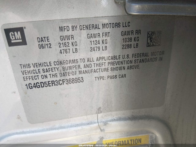 Aukcja sprzedaży 2012 Buick Lacrosse Premium 1 Group, vin: 1G4GD5ER3CF368953, numer aukcji: 45165946