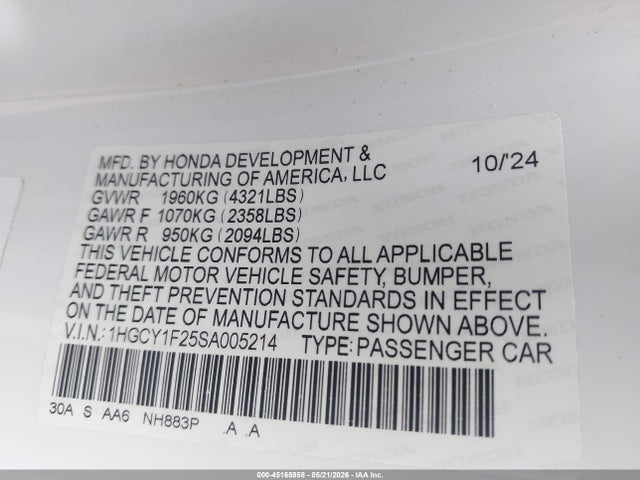 Продаж на аукціоні авто 2025 Honda Accord Lx, vin: 1HGCY1F25SA005214, номер лоту: 45165958