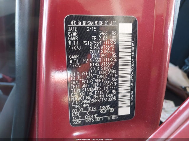 45165964 :رقم المزاد ، JN8AF5MRXFT510098 vin ، 2015 Nissan Juke S مزاد بيع