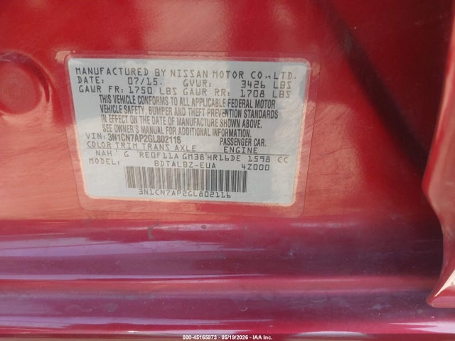45165973 :رقم المزاد ، 3N1CN7AP2GL802116 vin ، 2016 Nissan Versa 1.6 S/1.6 S+/1.6 Sl/1.6 Sv مزاد بيع
