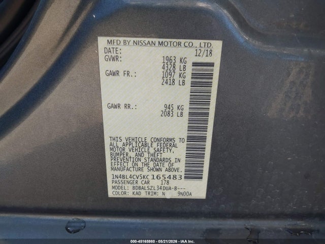 Nissan Altima 2.5 Sr 2019 1N4BL4CV5KC165483 Image 9