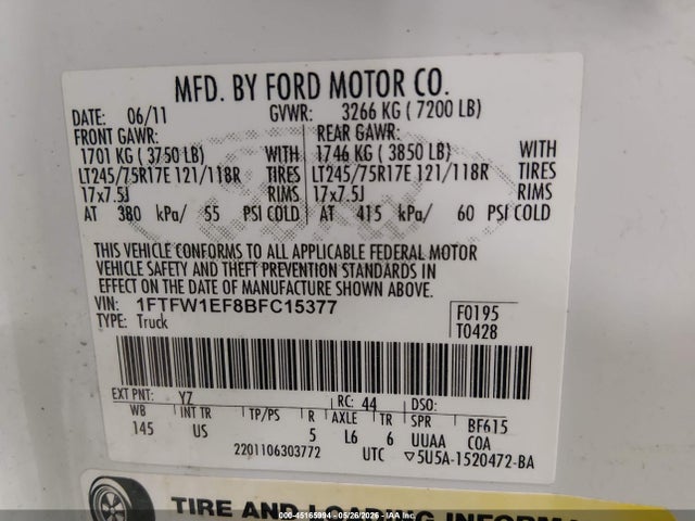 45165994 :رقم المزاد ، 1FTFW1EF8BFC15377 vin ، 2011 Ford F-150 Xlt مزاد بيع