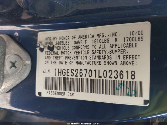 45165995 :رقم المزاد ، 1HGES26701L023618 vin ، 2001 Honda Civic Ex مزاد بيع