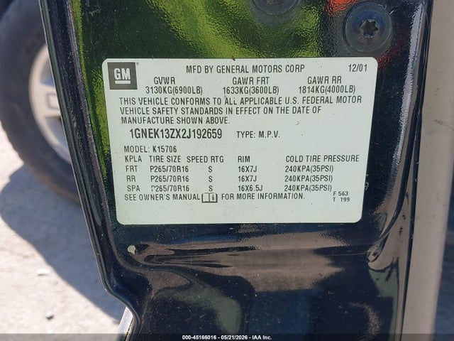 Продажа на аукционе авто 2002 Chevrolet Tahoe Lt, vin: 1GNEK13ZX2J192659, номер лота: 45166016
