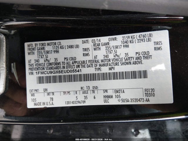 2014 Ford Escape Se მანქანა იყიდება აუქციონზე, vin: 1FMCU9GX6EUD05541, აუქციონის ნომერი: 45166020