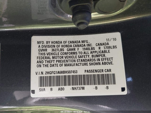 2011 Honda Civic Lx მანქანა იყიდება აუქციონზე, vin: 2HGFG1A68BH507453, აუქციონის ნომერი: 45166021