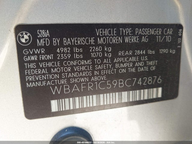 45166022 :رقم المزاد ، WBAFR1C59BC742876 vin ، 2011 Bmw 528i مزاد بيع