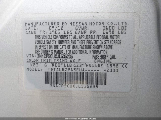 3N1CP5CUXJL535235 Nissan KICKS S