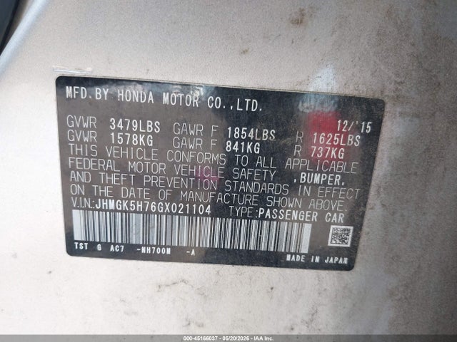 Продажа на аукционе авто 2016 Honda Fit Ex, vin: JHMGK5H76GX021104, номер лота: 45166037
