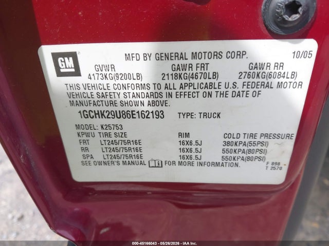 Auction sale of the 2006 Chevrolet Silverado 2500hd Lt2, vin: 1GCHK29U86E162193, lot number: 45166043