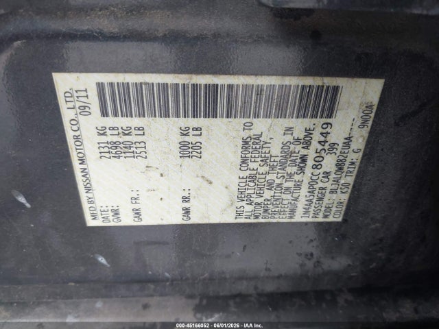 Aukcja sprzedaży 2012 Nissan Maxima 3.5 S, vin: 1N4AA5AP0CC805449, numer aukcji: 45166052