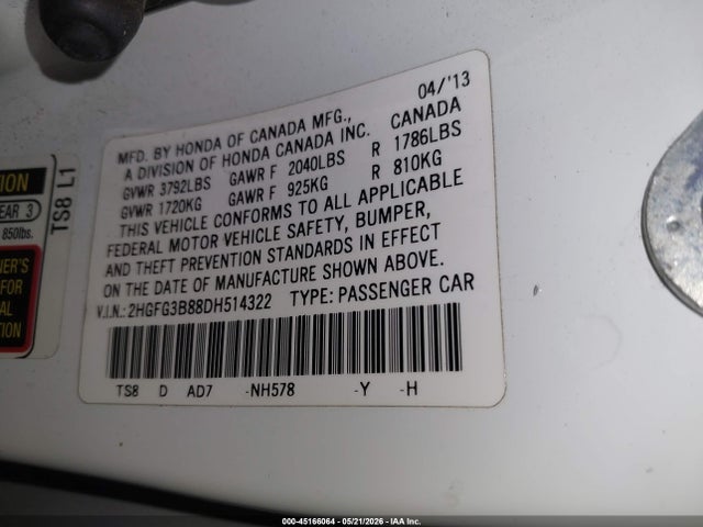 Aukcja sprzedaży 2013 Honda Civic Ex, vin: 2HGFG3B88DH514322, numer aukcji: 45166064