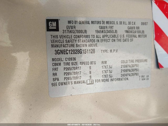 Aukcja sprzedaży 2008 Chevrolet Avalanche 1500 Lt, vin: 3GNEC12028G151128, numer aukcji: 45166070
