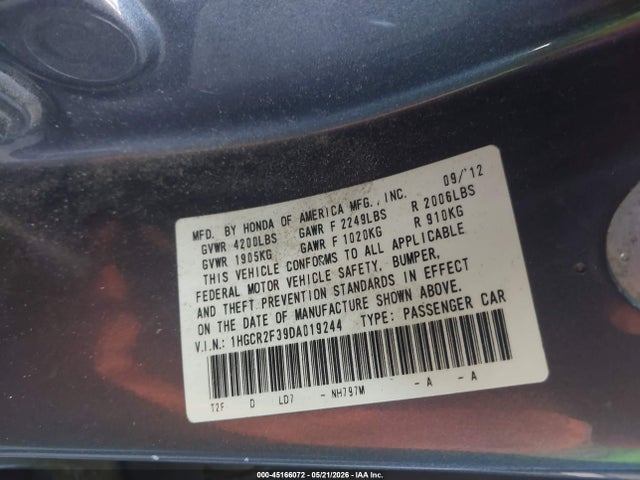 Aukcja sprzedaży 2013 Honda Accord Lx, vin: 1HGCR2F39DA019244, numer aukcji: 45166072