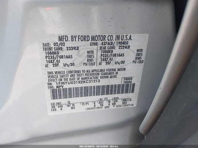 Aukcja sprzedaży 2002 Ford Escape Xlt, vin: 1FMYU031X2KC31213, numer aukcji: 45166078