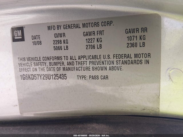 45166085 :رقم المزاد ، 1G6KD57Y29U125435 vin ، 2009 Cadillac Dts 1sd مزاد بيع