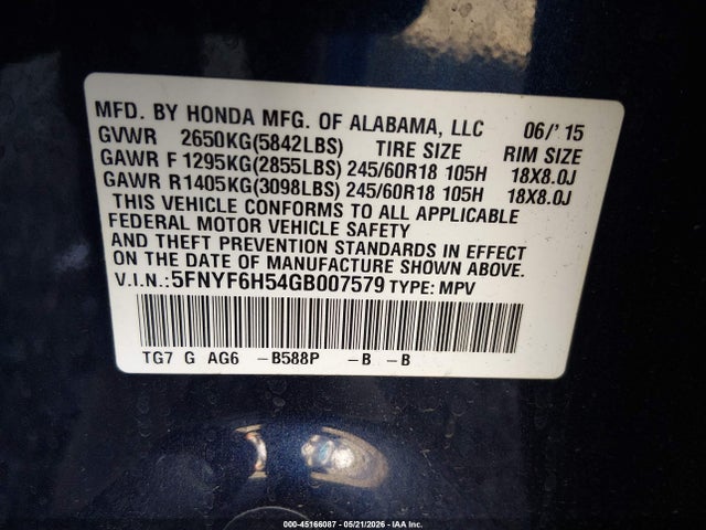 Honda Pilot Ex-l 2016 5FNYF6H54GB007579 Image 9