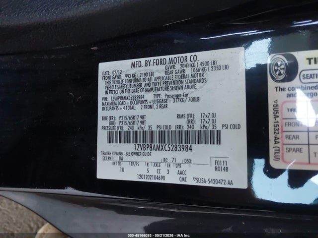 Aukcja sprzedaży 2012 Ford Mustang V6, vin: 1ZVBP8AMXC5283984, numer aukcji: 45166093