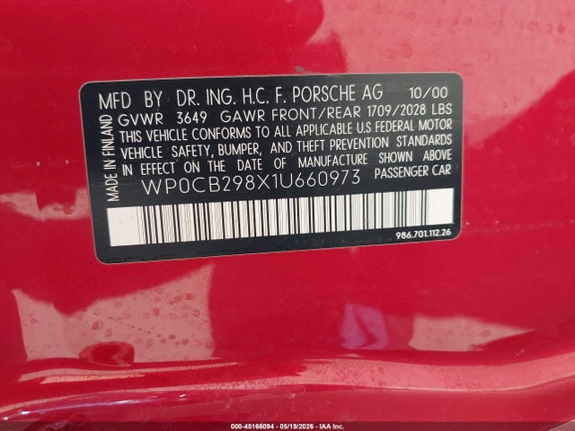 2001 Porsche Boxster S მანქანა იყიდება აუქციონზე, vin: WP0CB298X1U660973, აუქციონის ნომერი: 45166094