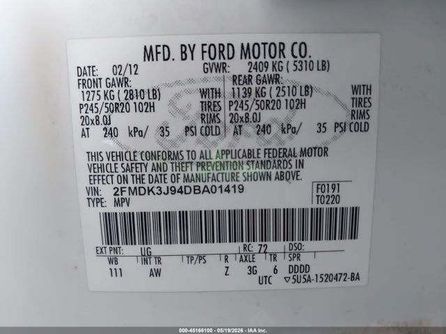 2013 Ford Edge Sel მანქანა იყიდება აუქციონზე, vin: 2FMDK3J94DBA01419, აუქციონის ნომერი: 45166100