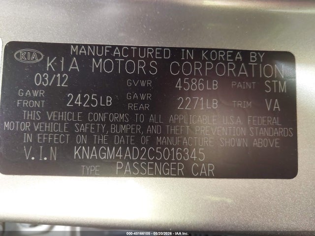 Aukcja sprzedaży 2012 Kia Optima Hybrid Ex, vin: KNAGM4AD2C5016345, numer aukcji: 45166105