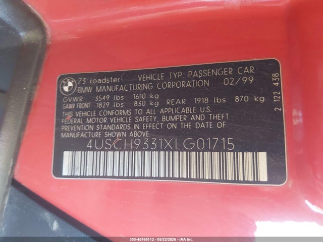 1999 Bmw Z3 2.3 მანქანა იყიდება აუქციონზე, vin: 4USCH9331XLG01715, აუქციონის ნომერი: 45166112