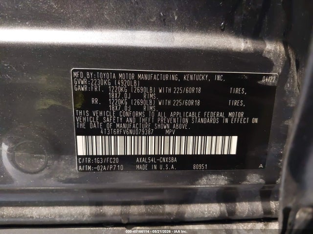 4T3T6RFV6NU079387 Toyota Rav4 Hybrid Se