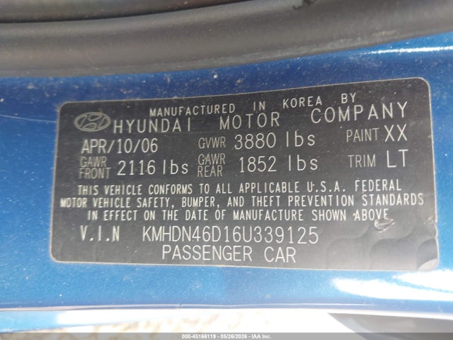 Aukcja sprzedaży 2006 Hyundai Elantra Gls/limited, vin: KMHDN46D16U339125, numer aukcji: 45166119
