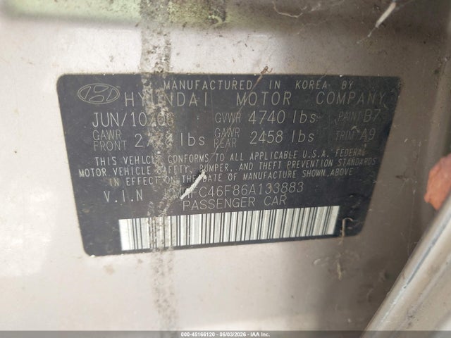 Aukcja sprzedaży 2006 Hyundai Azera Limited/se, vin: KMHFC46F86A133883, numer aukcji: 45166120