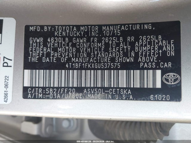 Aukcja sprzedaży 2016 Toyota Camry Se, vin: 4T1BF1FKXGU537575, numer aukcji: 45166126