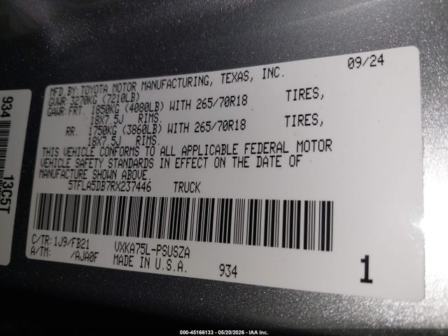 Auction sale of the 2024 Toyota Tundra Sr5, vin: 5TFLA5DB7RX237446, lot number: 45166133