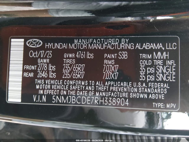 45166139 :رقم المزاد ، 5NMJBCDE7RH338904 vin ، 2024 Hyundai Tucson Sel مزاد بيع