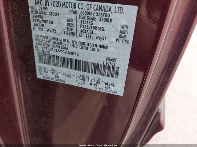 2000 Ford F-150 Lariat/work Series/xl/xlt მანქანა იყიდება აუქციონზე, vin: 2FTRX17L5YCA03070, აუქციონის ნომერი: 45166147
