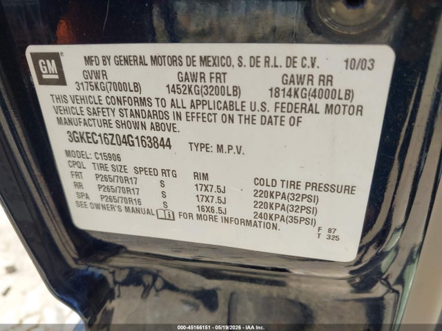 45166151 :رقم المزاد ، 3GKEC16Z04G163844 vin ، 2004 Gmc Yukon Xl 1500 Slt مزاد بيع