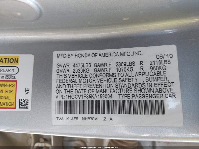 Aukcja sprzedaży 2019 Honda Accord Sport, vin: 1HGCV1F35KA159004, numer aukcji: 45166154