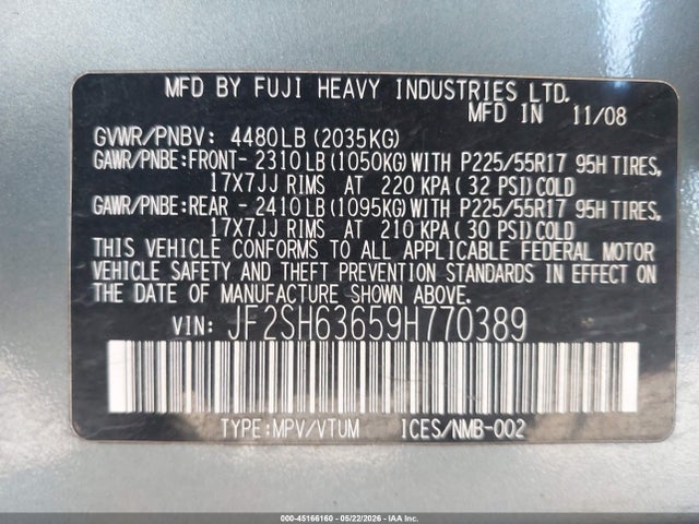 Продаж на аукціоні авто 2009 Subaru Forester 2.5x, vin: JF2SH63659H770389, номер лоту: 45166160