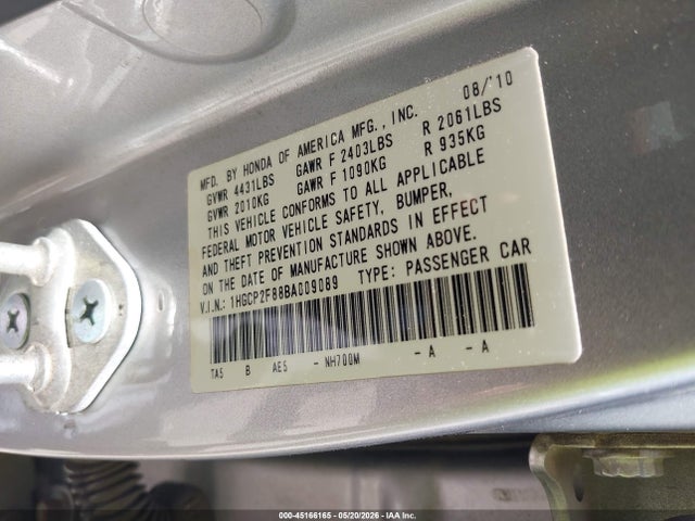 45166165 :رقم المزاد ، 1HGCP2F88BA009089 vin ، 2011 Honda Accord 2.4 Ex-l مزاد بيع