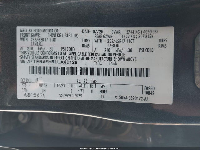 Auction sale of the 2020 Ford Ranger Xl, vin: 1FTER4FH8LLA46128, lot number: 45166173