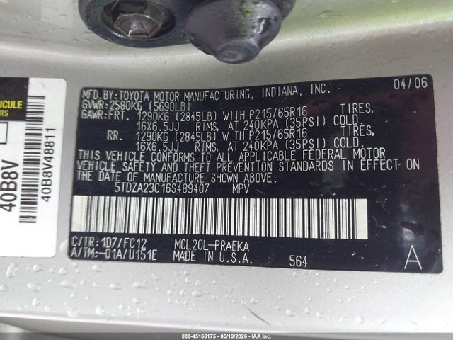 45166175 :رقم المزاد ، 5TDZA23C16S489407 vin ، 2006 Toyota Sienna Le مزاد بيع
