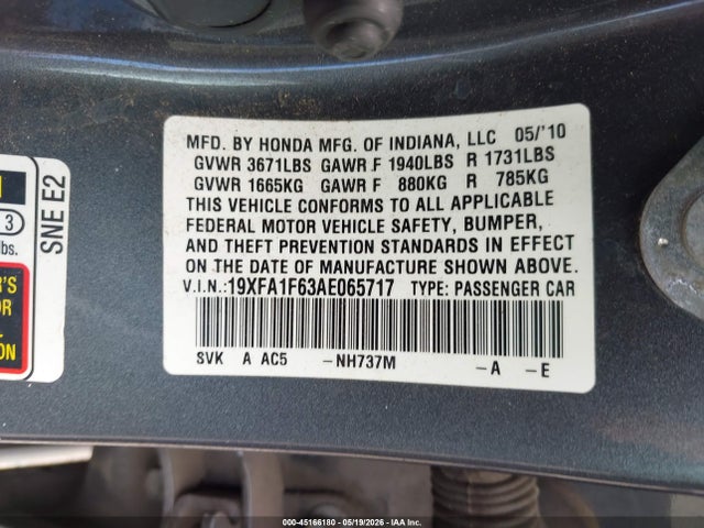 45166180 :رقم المزاد ، 19XFA1F63AE065717 vin ، 2010 Honda Civic Lx-s مزاد بيع