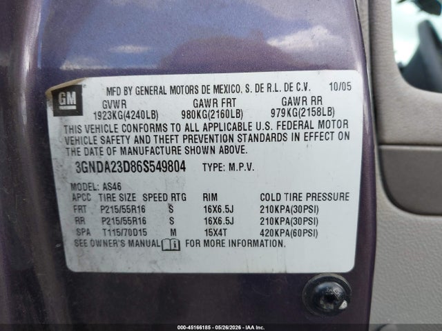 2006 Chevrolet Hhr Lt მანქანა იყიდება აუქციონზე, vin: 3GNDA23D86S549804, აუქციონის ნომერი: 45166185