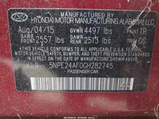 Aukcja sprzedaży 2016 Hyundai Sonata Se, vin: 5NPE24AF0GH282745, numer aukcji: 45166189