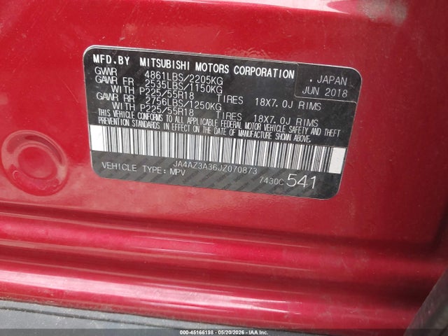 45166198 :رقم المزاد ، JA4AZ3A36JZ070873 vin ، 2018 Mitsubishi Outlander Es/le/se/sel مزاد بيع