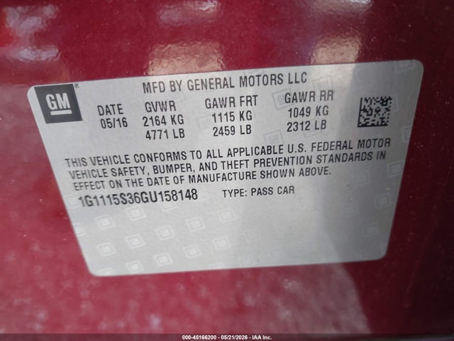 Продажа на аукционе авто 2016 Chevrolet Impala 2lt, vin: 1G1115S36GU158148, номер лота: 45166200