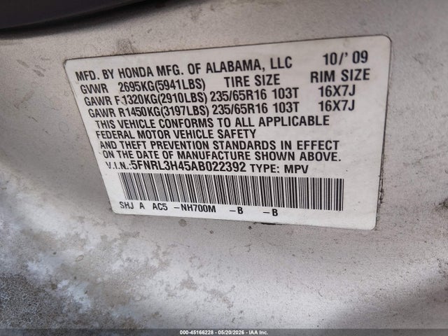 Продаж на аукціоні авто 2010 Honda Odyssey Ex, vin: 5FNRL3H45AB022392, номер лоту: 45166228